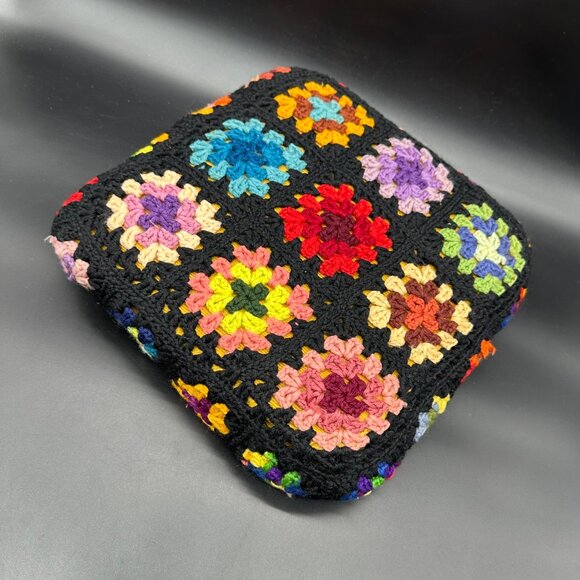 Vintage Granny Square Crochet Throw Pillow Rainbow Black Handmade Decorative - Picture 1 of 10